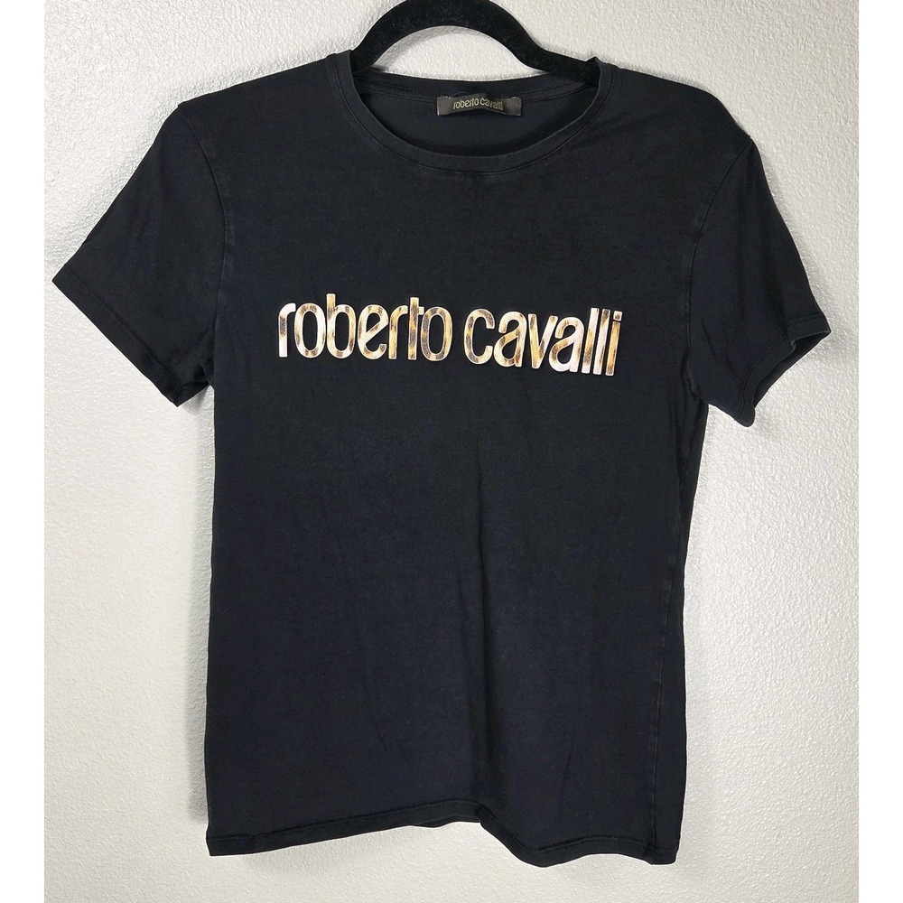 Roberto Cavalli Logo T Shirt Women's L Black Stretch Cotton Graphic Tee Italy‎
